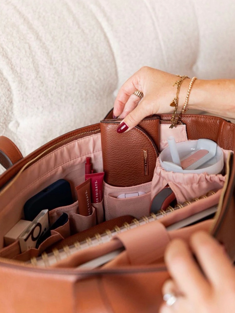 Poppy & Peonies Brown Leather go-getter Laptop Tote - Picture 6 of 15